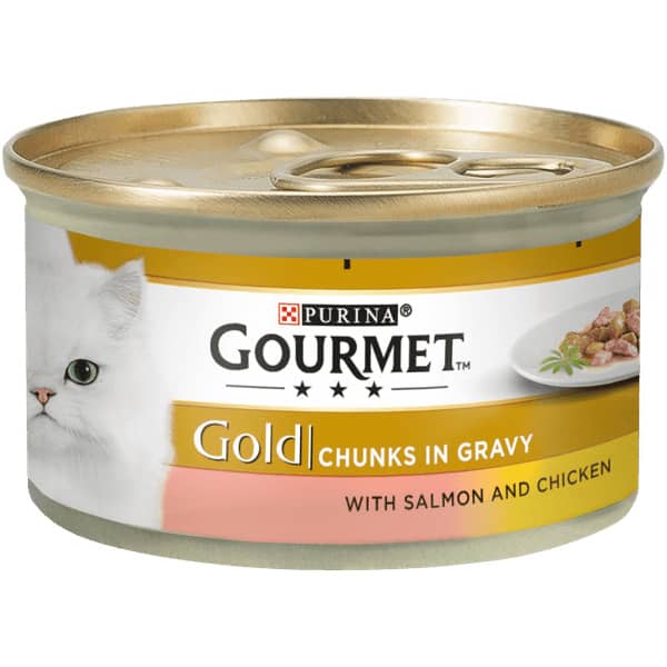 GOURMET GOLD CHUNKS GRAVY kaķu konservi Lasis, vista mērcē 85g